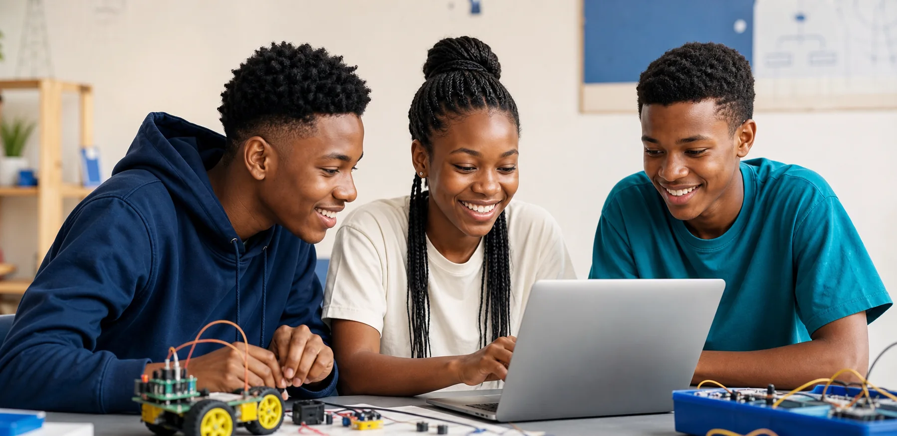 Three African teenagers building a technology project together